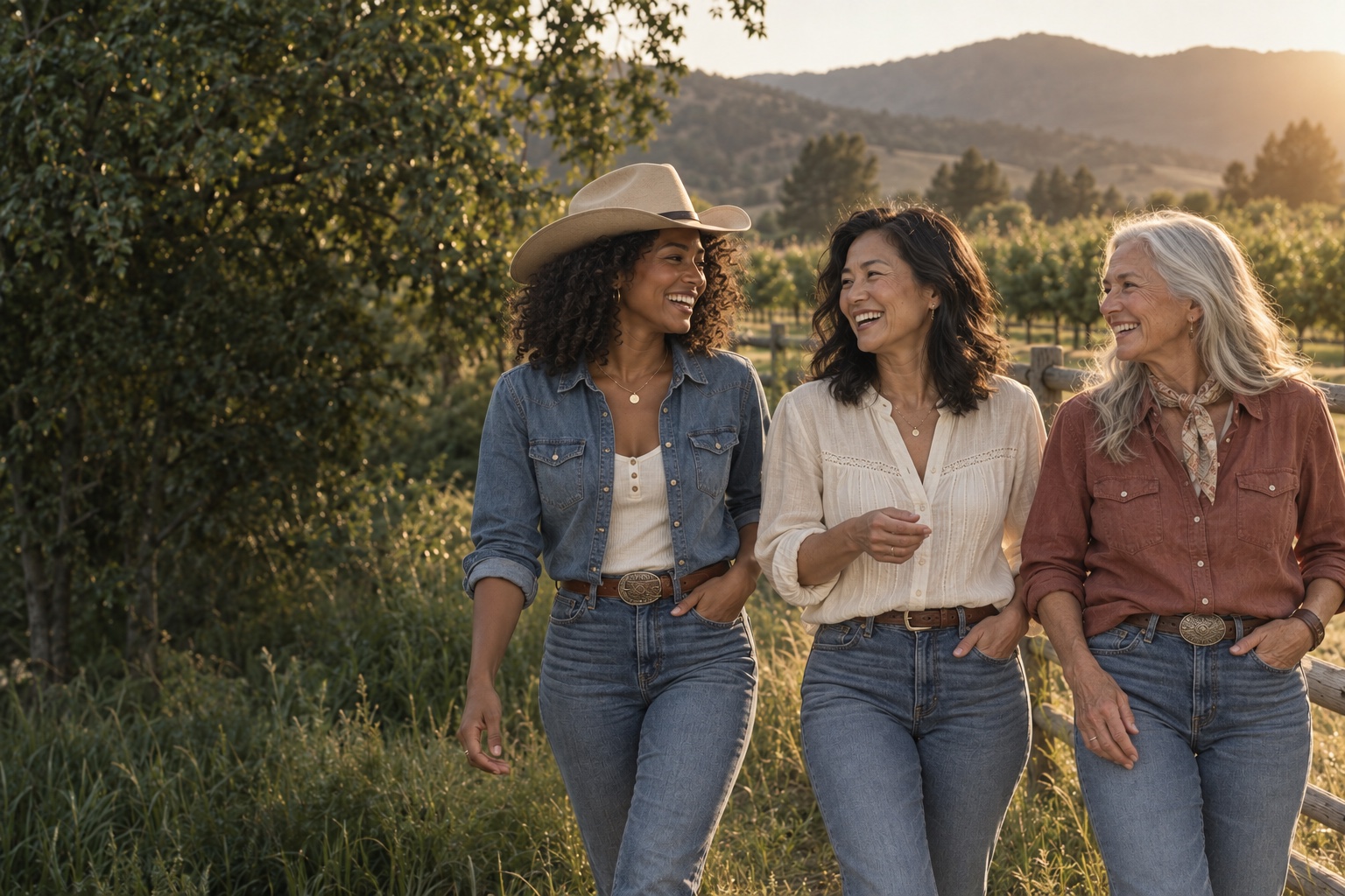 Illustrative campaign scene of three women from different generations enjoying a conversation in an orchard